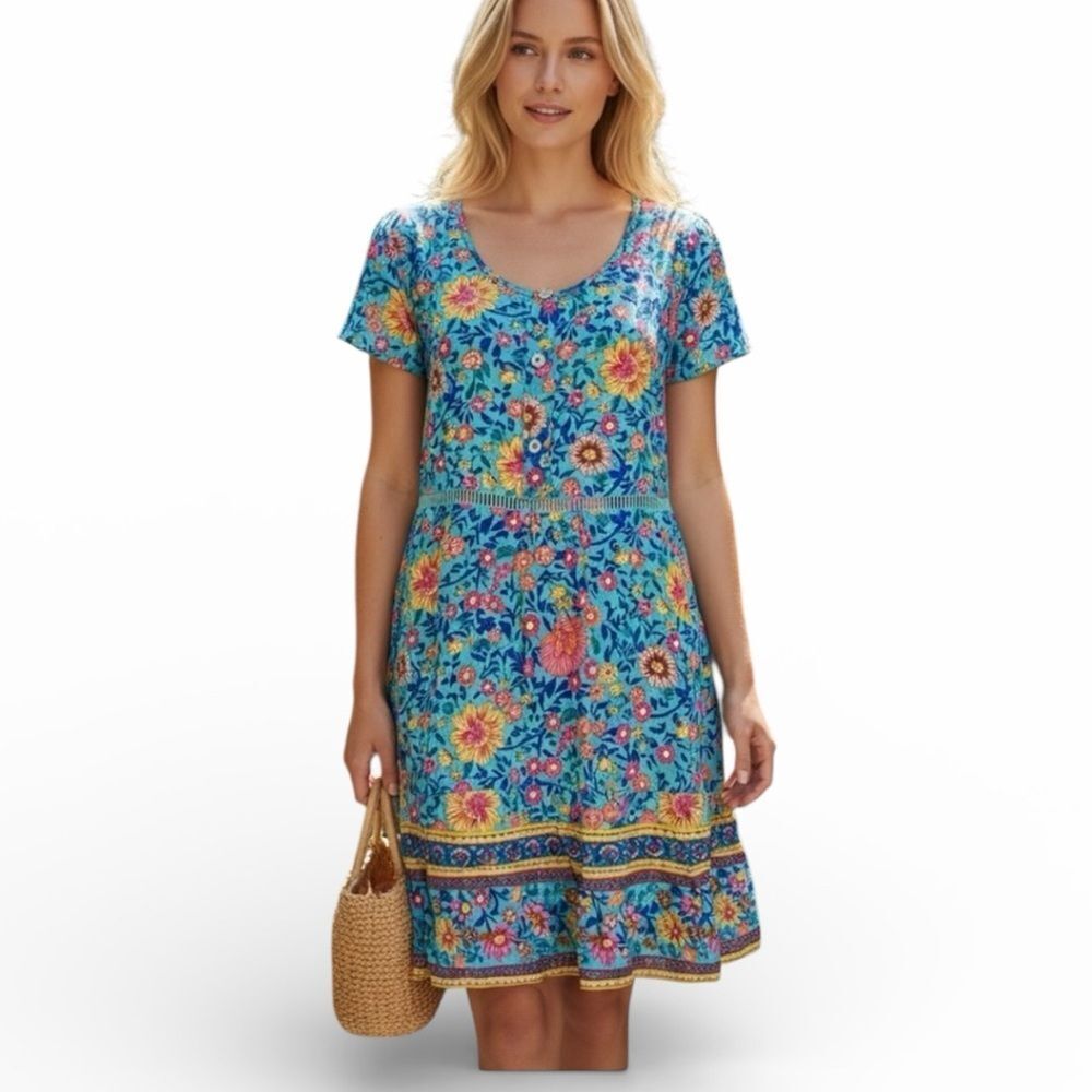 Floral Boho Bohemian Print Dress Folk Town S